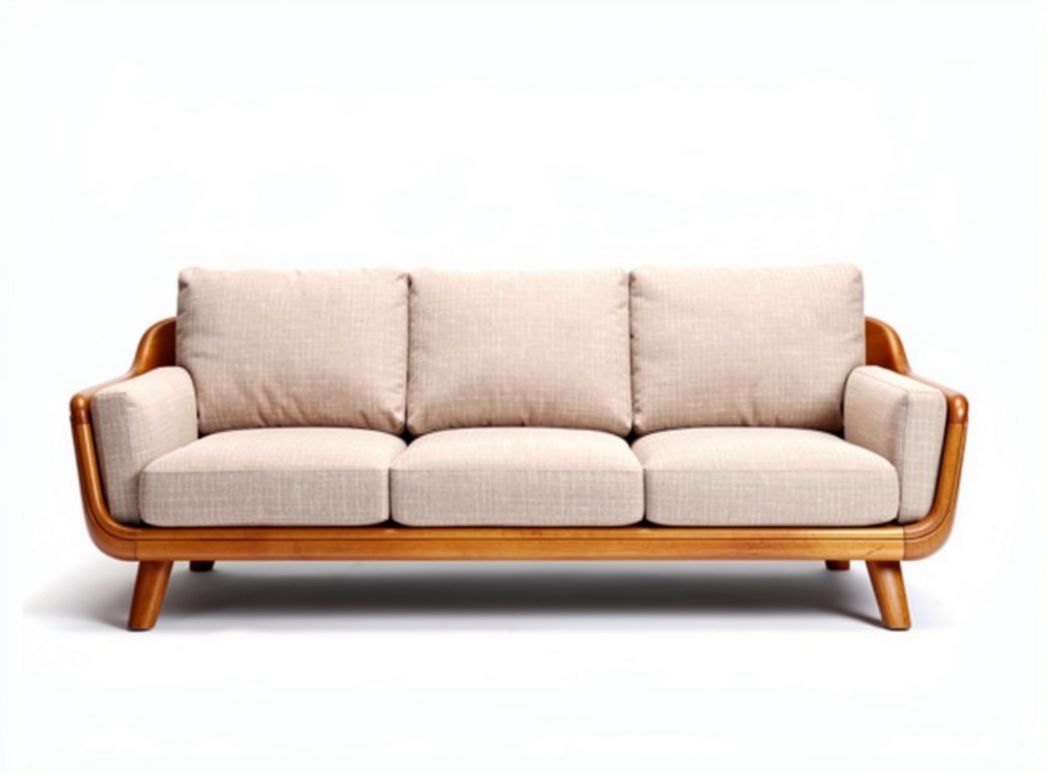 Wooden frame sofa with beige fabric cushions 200 x 80 x 90cm