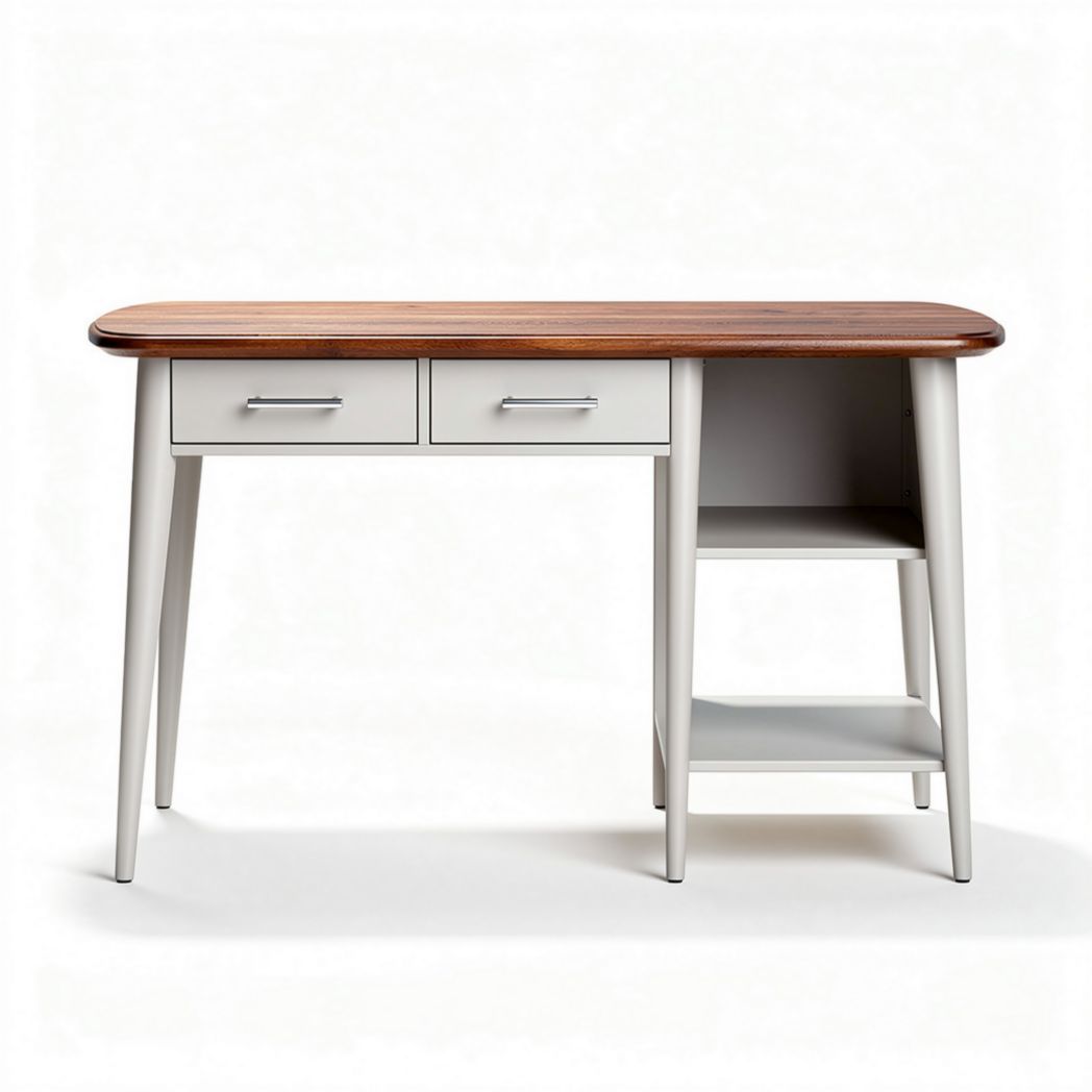 Wooden desk with two drawers and open shelf in white and walnut finish 120 x 60 x 75cm