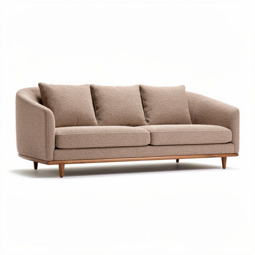 Modern beige fabric sofa with wooden legs and three cushions 190 x 85 x 75cm