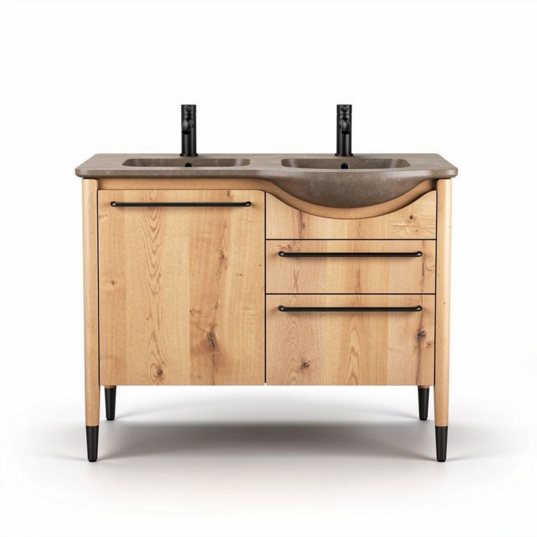 Wooden bathroom vanity with double sink and stone countertop 80 x 45 x 85cm