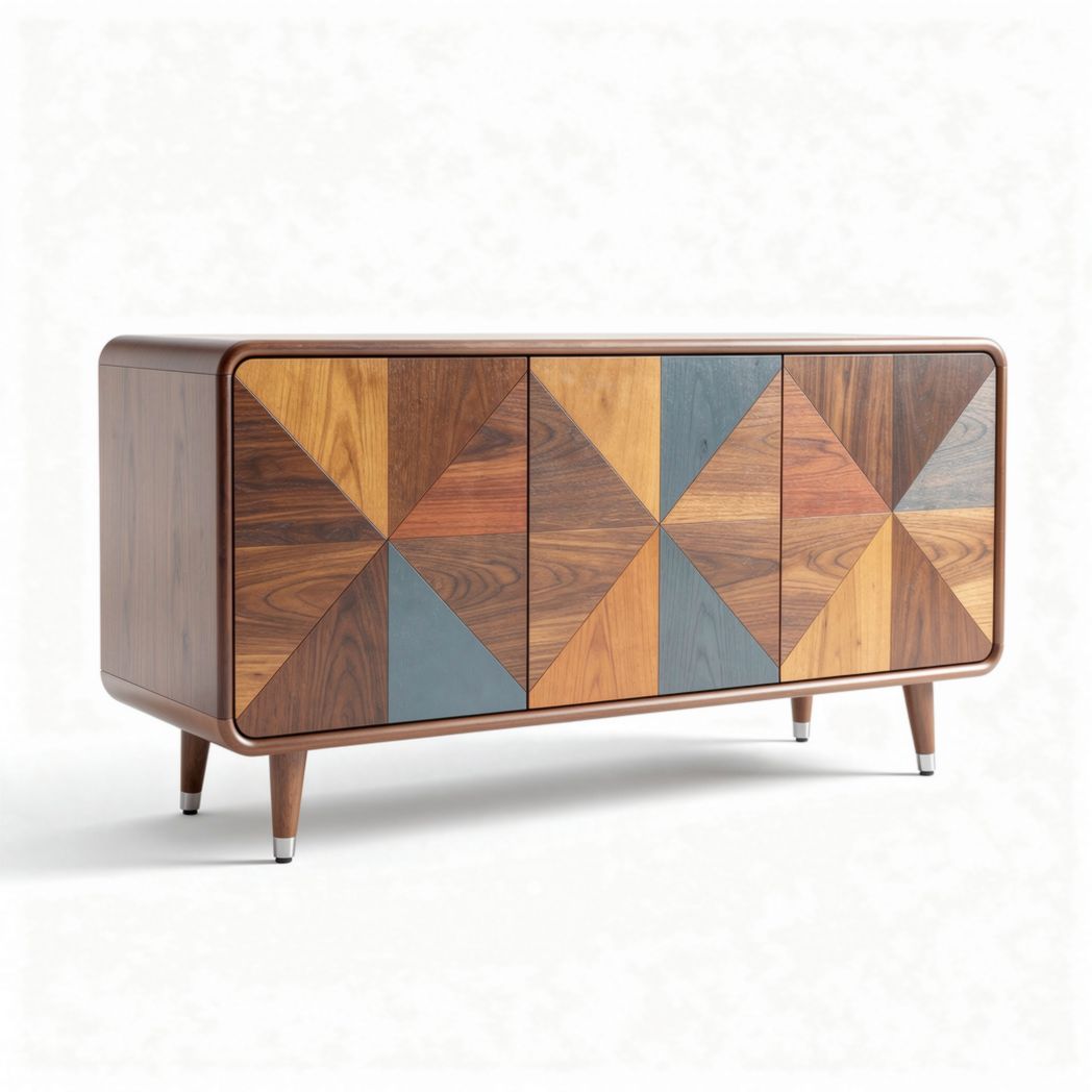 Geometric pattern wooden sideboard with four doors in walnut finish