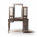 Vanity table with three mirrors and storage cabinets in brown finish