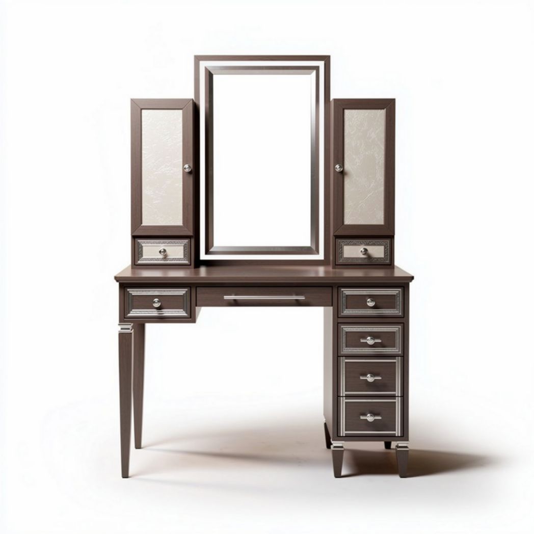 Vanity table with three mirrors and storage cabinets in brown finish