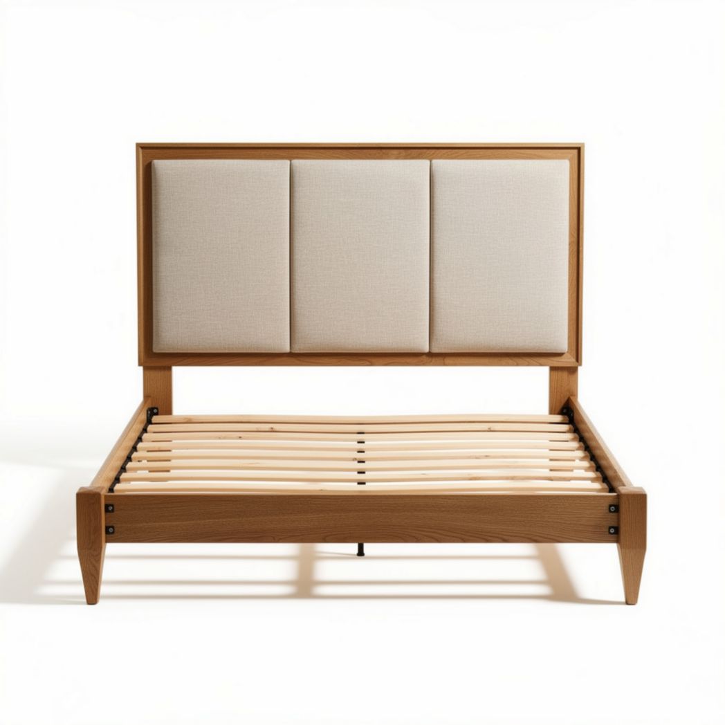 Wooden bed frame with upholstered headboard and slatted base 200 x 160 x 100cm