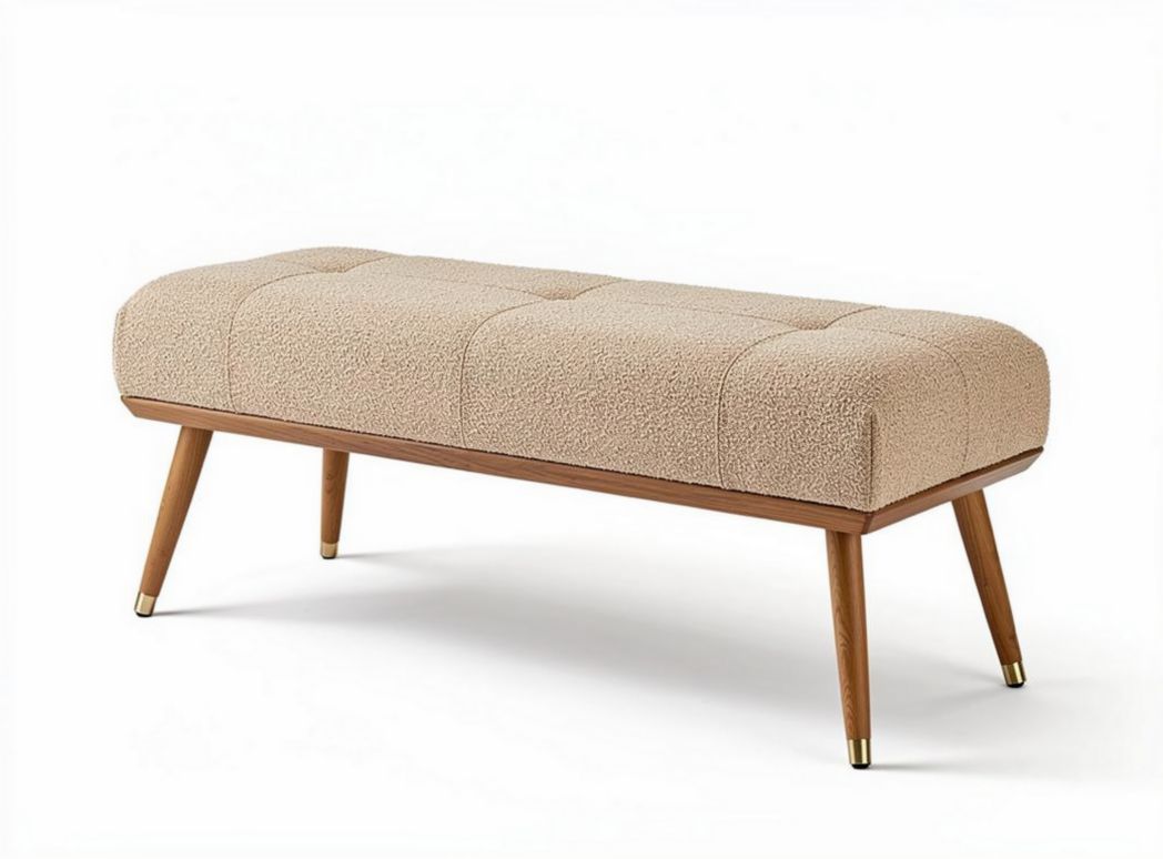 Upholstered bench in beige fabric with wooden legs 120 x 40 x 45cm